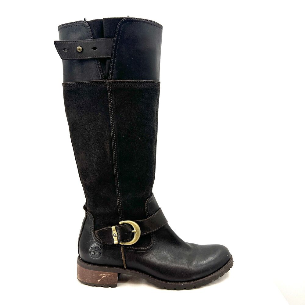 Timberland Womens 8 M Tall Riding Boots Brown Leather Suede Buckle Zip 23699